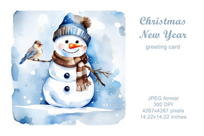 Christmas snowman watercolor greeting card (illustration). New Year!