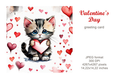 Valentine&#039;s Day watercolor greeting card. Cute kitten.