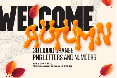 Liquid, orange, festive, glossy 3D lettering renders.