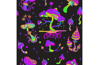 Psychedelic mushroom pattern. Magic neon shroom seamless print, trippy