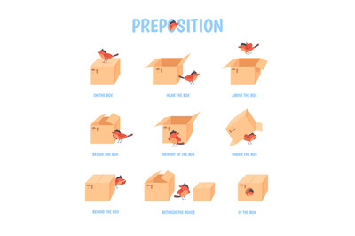 Bird preposition. Preschool education topologia, child grammar vocabul