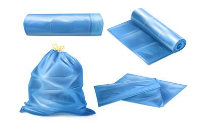 Realistic trash bag. 3D garbage sack for dustbin&2C; mockup plastic waste