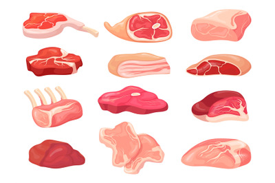 Cartoon rustic meat. Raw animal steaks variety for roast chop barbecue