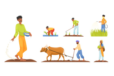 Cartoon indian farmers. Traditional rural farmer of farms village indi