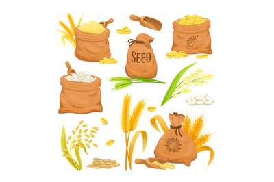 Cartoon sacks with wheat. Sack with sheaf spikelet plant rye flour oat