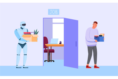 Robot replace employee. Android takeover job of fired worker, machine