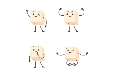 Sugar cube character. Funny cartoon sugars, cute smile cubes mascot, b