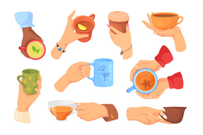 Hands holding different cups. Lots hand drinks, arm keep cardboard cup