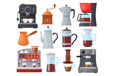 Cartoon coffeemaker. Coffee machines clipart, french press filter coff