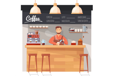 Barista at coffee counter. Owner worker cafe shop pouring latte cup, e