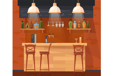 Cartoon pub counter. Bar interior inside cafe or nightclub, bartender