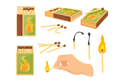 Burning match boxes. Cartoon matchstick in matchbox, matchbook matches