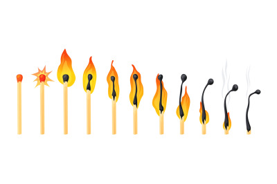 Burning match animation. Burn matches stages, burned flame matchstick