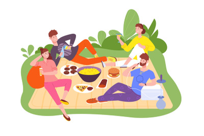 Friendly outdoor picnic. Happy people eat food and drink wine nature,