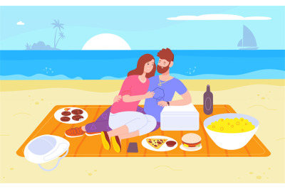 Date seashore. Romantic couple hugging on beach, man and woman drinkin