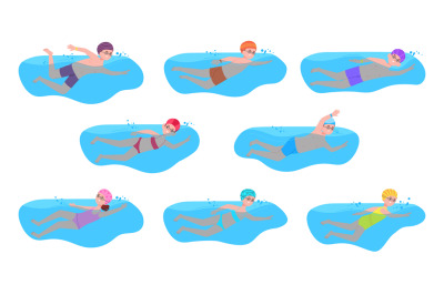 Child swimmers. Cartoon swimmer kid competition, swimming splashing po