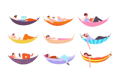 People in hammocks. Man lying relaxing swing hammock, freelancer worki