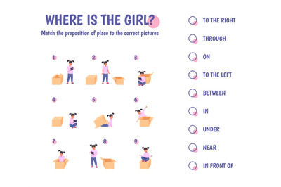 Girl teaches prepositions. Child place on cardboard box direction, pre