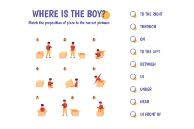 Prepositions game. Preschool learning english grammar, teaching topolo