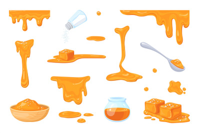 Cartoon liquid caramel. Salted caramels melting, sugar caramelizing dr