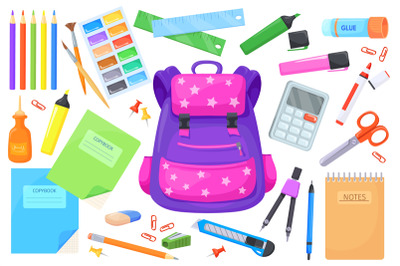 Schoolbag supplies. Innovative school stationery kids learning, itemiz