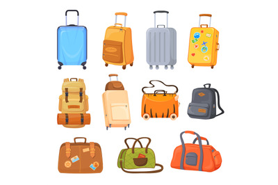 Cartoon suitcase wheels and bags. Tourist trip package, travel luggage