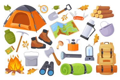 Outing equipment. Camping equipments, cartoon travel trekking scouts t