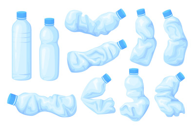 Crumpled bottles. Unhygienic plastic crush bottle water, used broken b