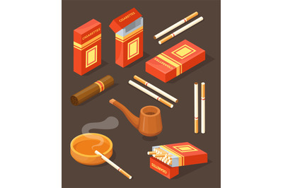 Isometric cigarette. Pack cigar or cigarettes filter on ashtray, 3d to