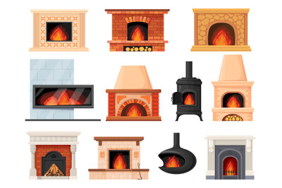 Cartoon fireplaces stoves. Fireplace chimney electric fire wood heat s