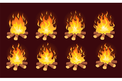 Bonfire animation. Loop animated fire, game campfire cartoon frame ene