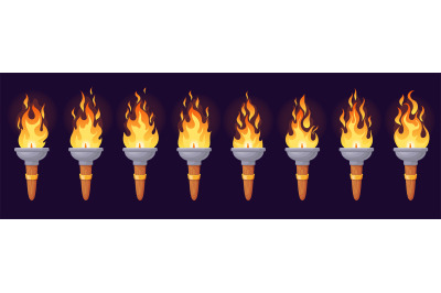 Torch animation. Animated fire brand, flame old candle or medieval bon