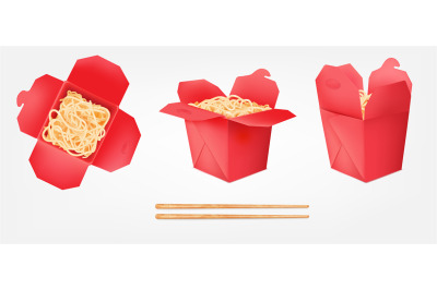 Red noodle box. 3d wok boxes with chinese pasta, takeaway package asia