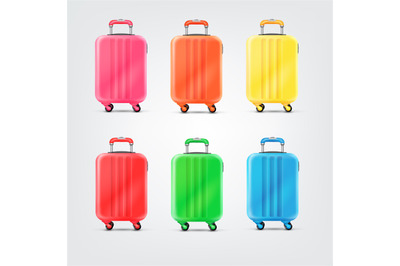 Color realistic luggages. 3d luggage on wheels for travel trip, carry