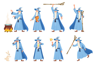 Medieval wizard. Cute sorcerer, cartoon magician man costumed merlin m