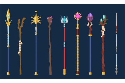 Cartoon magical staff. Wizards magic weapon, magical wand princess rod