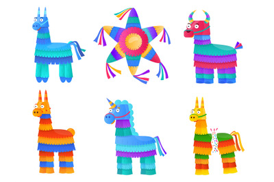 Cartoon pinata. Colorful mexican toys, pinatas mexico carnival childre