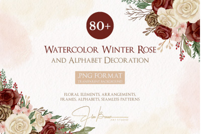 Watercolor Winter Rose Flower and Alphabet Decoration