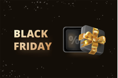 Black giftbox banner. Blackfriday poster, super friday sale open gift