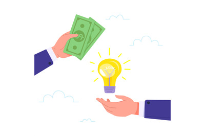 Exchange money for lightbulb. Hands changing cash on innovation idea,