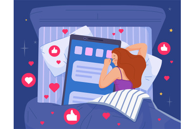 Hugging phone in sleep. Woman sleeping night and hug giant smartphone