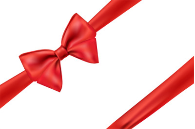 Realistic red wrap ribbon. Satin bow or fashion tie, band corner bow t