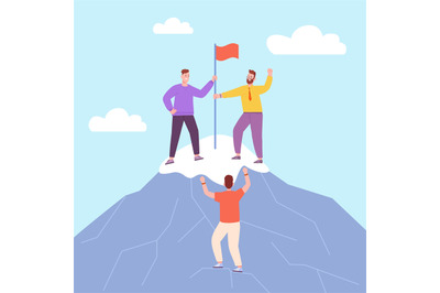 Team moving flag. Coworkers teamwork moving-up mountain peak together,