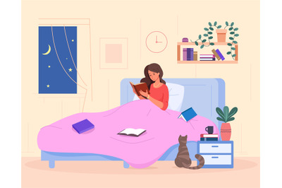 Woman reading on bed. Beautiful girl relax and reading book before sle