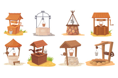 Cartoon water wells. Wood and stone old rural well in village garden,