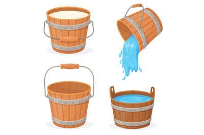 Cartoon wooden buckets. Wood bucket with flowing water or milk, empty