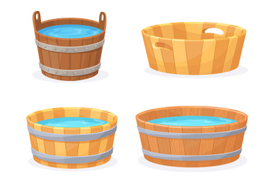 Cartoon wooden tub. Wood vats with hot water, rustic baths woodens bas