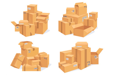 Carton box stack. Stacked parcel cardboard packages, lot isometric box