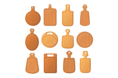 Wooden pizza board. Empty wood chopping boards with handles, round pla