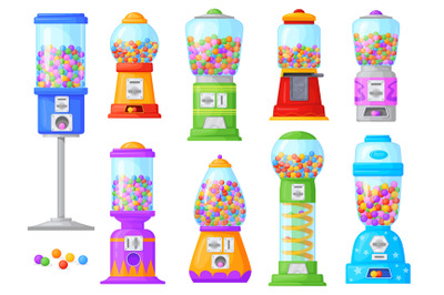 Bubblegum machines. Gumball machine bubble gum dispensers or cartoon f